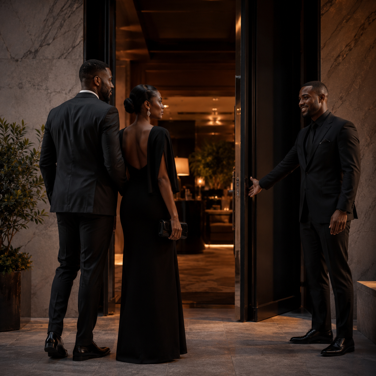An elegant private lounge with warm lighting and refined African luxury details